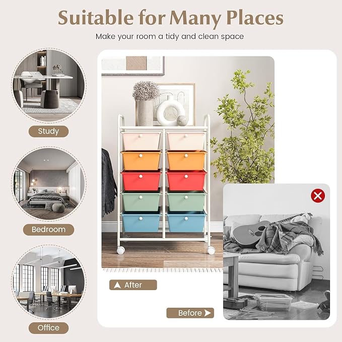 10 Drawer Rolling Cart, Storage Cart Organizer on Wheels, Drawer Cart with Metal Frame & Large Storage Capacity, Rolling Cart with Drawers for Living Room Classroom, Office