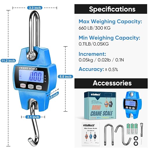 RoMech 660lb Digital Hanging Scale with Cast Aluminum Case, Handheld 300Kg Mini Crane Scale with Hooks for Farm Hunting Fishing Outdoor (Blue)