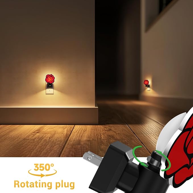 L LOHAS LED Red Rose Night Lights Plug into Wall, Gothic Rose LED Night Light with Dusk‑to‑Dawn Sensor, Adjustable Brightness, 350° Rotatable Plug in Nightlight for Bedroom Hallway Bathroom (2 Pack)