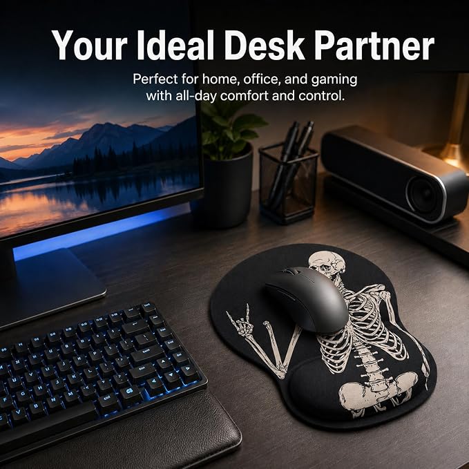 Mouse Pad with Wrist Rest Ergonomic Memory Foam Support, Non-Slip Rubber Base, Comfortable Typing Cushion for Home Office Computer Laptop, Human Skeleton