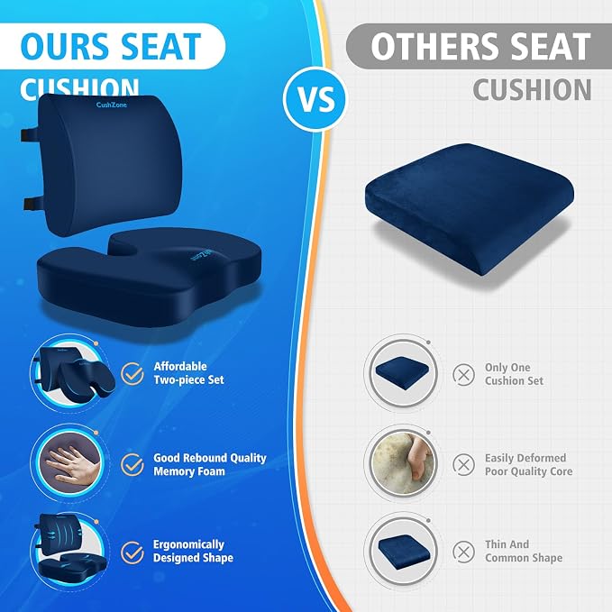 CushZone Seat Cushion, Lumbar Support Pillow with Adjustable Strap-Chair Cushions for Sciatica Pain Relief-with Washable Cover Memory Foam for Car, Travel and Wheelchair-Blue X-Large