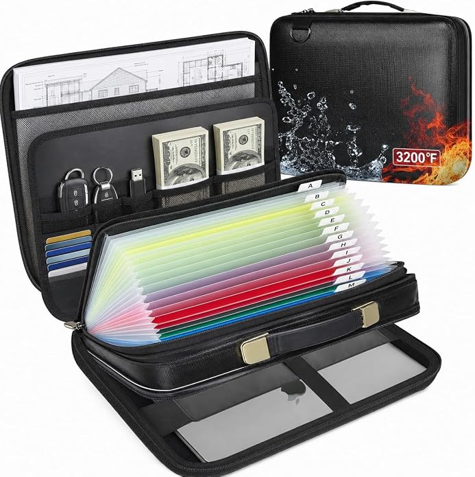 3200℉ Fireproof Briefcase 15.6in Laptop, Legal Size Organizer Filer | Includes13-pocket accordion folder,UL-94 VTM-0 Certified 6-layer,Waterproof Sealed Zippers,Dual-compartment,Bags Only