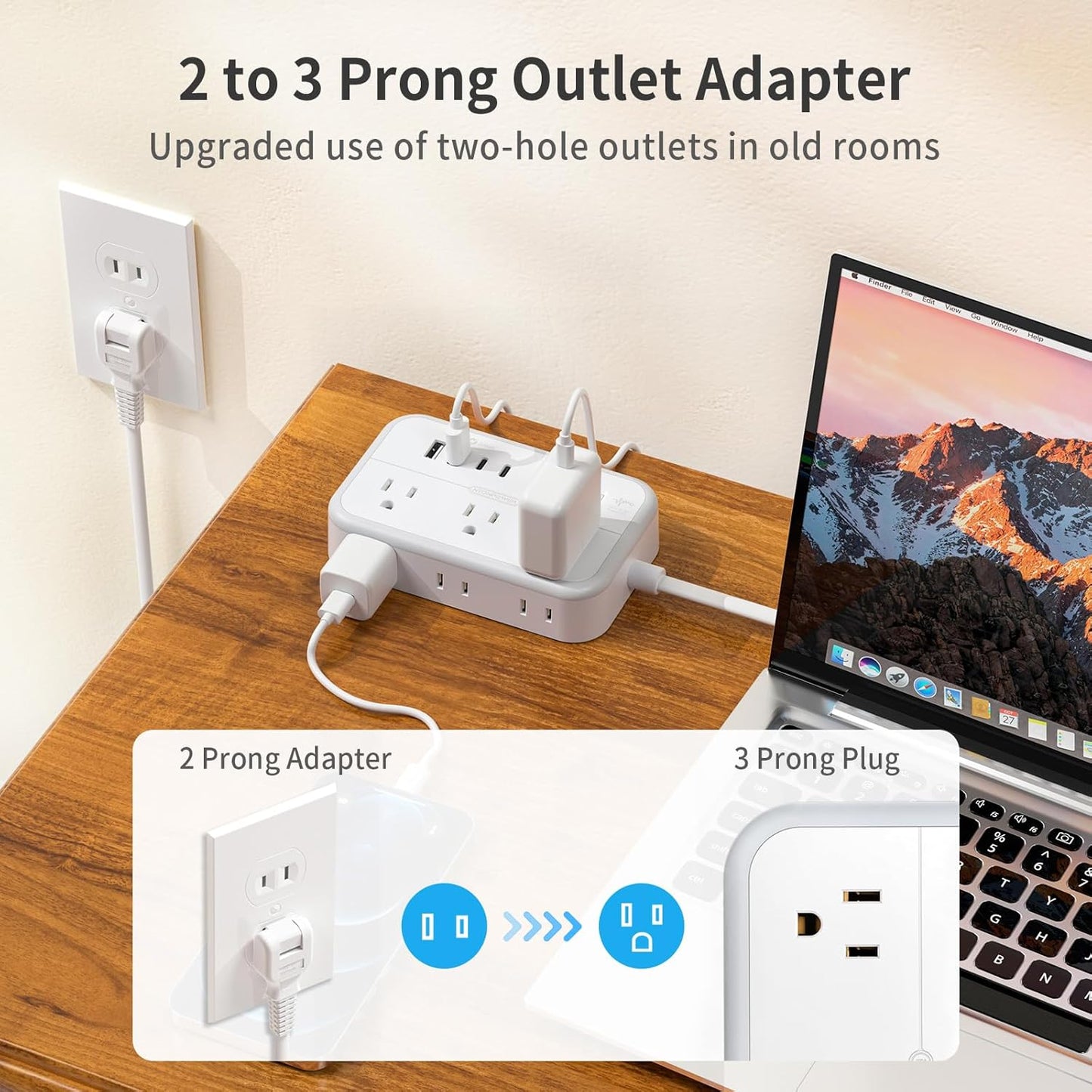 NTONPOWER 10FT Extension Cord with Surge Protector, 2 Prong to 3 Prong Adapter, 1875W Power Strip with 4 USB Ports (2 USB C), Wall Mount Flat Plug Extension Cord for Old House