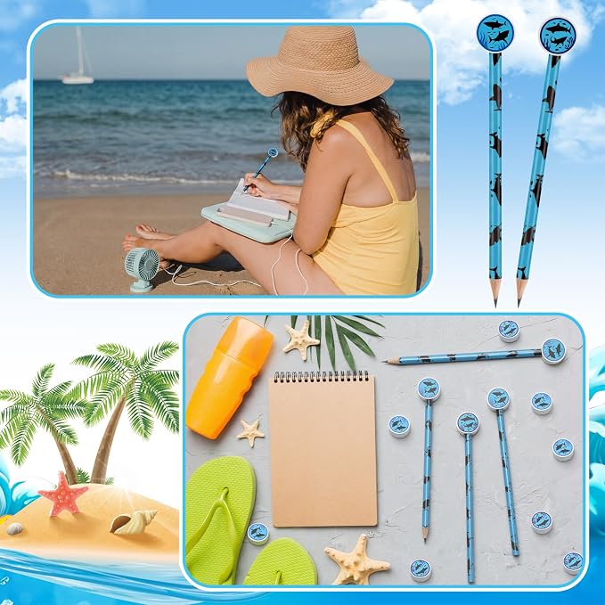 32 Pcs Summer Shark Pencil with Eraser Party Favors Gifts Shark Pen Goodie Bag Filler Under the Sea Theme Stationery Set for School Classrooms Exchange Reward Prize Home Office School Supplies