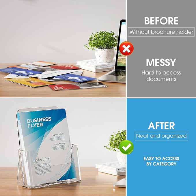 KTRIO Acrylic Brochure Holder 6 x 8, 2 Pack Bi-fold Flyer Display Stand | Desktop/Wall-Mount, Clear Plastic Stand Fits 6" Wide Magazines, Pamphlets, Booklets, Journals, Menus, Business Papers