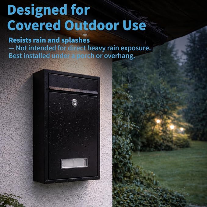 RAINHOL Wall Mount Mailboxes for Outside with Key Lock, Galvanized Steel Locking Mailbox, Waterproof Secure Mail Drop Box, Medium Capacity, 12.6 x 8.5 x 3.3 Inches, Black