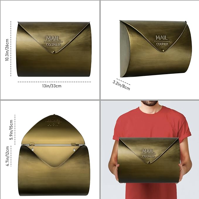 Outdoor Wall Mount Mailbox, 13 x 3.24 x 10.3 inch Antique Brass Waterproof Mail Box, Heavy Duty Wall-Mounted Mailboxes for Home, Envelopes, Magazines & Small Packages