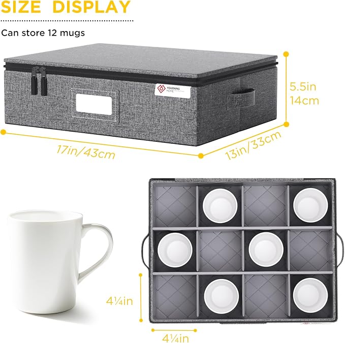 YearningHome Cup and Mug Storage Boxes with Dividers,Hard Shell Coffee Mug Organizer with Lid,Handles,Zips and Label Window for Coffee Mugs,Tea Cups,Packing and Moving,Hold 12,1 Pack, Grey
