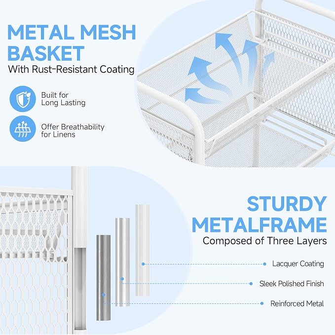 KINGRACK 5 Tier Rolling Cart, Metal Utility Storage Cart with Pegboard | Screwless Assembly, Lockable Wheels, 4 Hooks & 1 Bin, Mobile Organizer for Bathroom Kitchen Office Craft Room Laundry, White