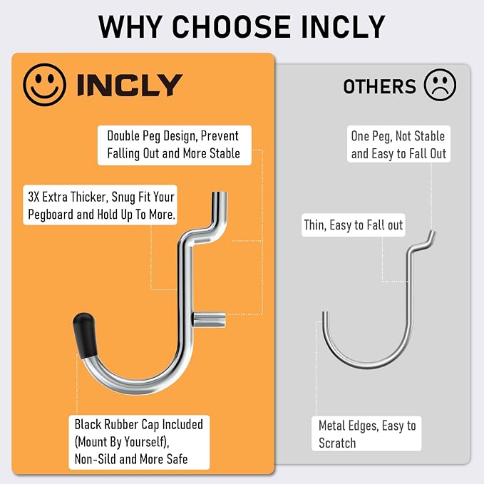 INCLY 176PCS Pegboard Hooks with Peg Locks, 1/4" Heavy Duty Metal | Peg Board Hooks Assortment, With Peg Locks, Pegboard Accessories Organizer Kit, For Garage Wall Organizer Hanging Tools