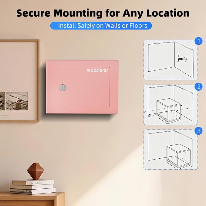 CDC DIGI Steel Security Safe Box with Key Lock,Safe Box for Home, Office, Money, Jewelry, Documents and Valuables, 0.23 Cubic Feet, 9.06" W x 6.69" D x 6.69" H, Pink