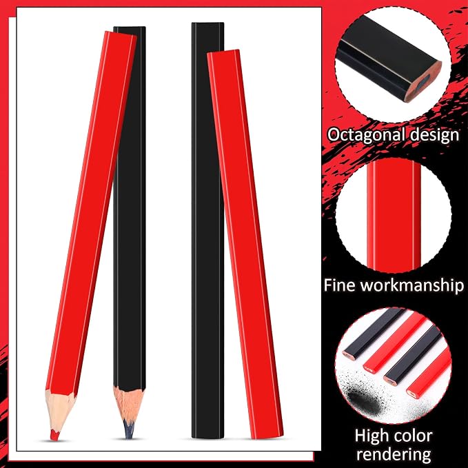 Tenceur 120 Pcs Carpenter Pencils Bulk 7 Inch Construction Pencils Heavy Duty Flat Wood Octagonal Hard Carpenter for Woodworking Marking and Concrete Marking Contractor (Black and Red)