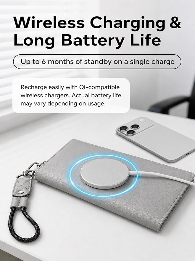 Trackable Passport Holder for Travel, RFID Blocking Wallet, Grey | Rechargeable PU leather cover works with Apple Find My and is Apple MFi certified; it includes card storage and a lanyard.