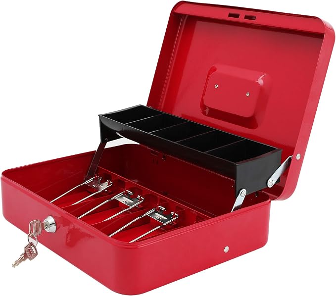 xydled Cash Box with Money Tray and Key Lock,Money lock box with Cash Tray,Safe Lock Box with Key,Tiered,4 Bill / 5 Coin Slots,11.8" x 9.5" x 3.5",Red