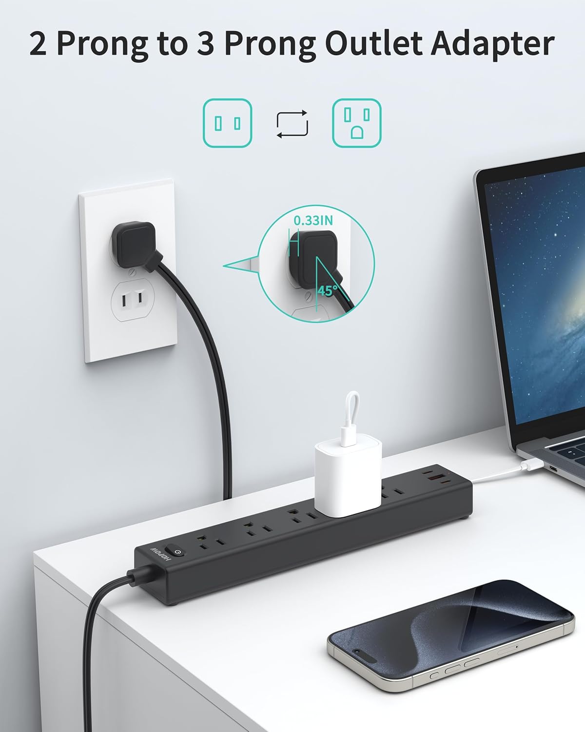2 Prong Power Strip, 2 to 3 Prong Outlet Adapter with Polarized Plug, 1700J Surge Protector, 6ft Two Prong Extension Cord, 5 AC Outlets & 3 USB(5V 3.4A Max), Wall Mount for Non-Grounded Outlet