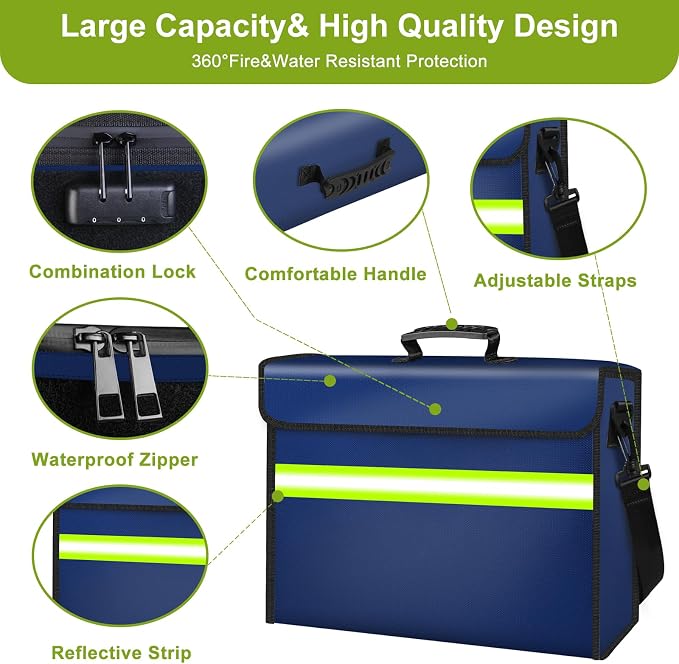 Large Fireproof Money Bags with Lock-6500°F Fireproof Document Box,10 Layers Insulation Materials&Waterproof Zipper,Removable Folder Layers/Wallet,Reflective Strip for Valuables(16.5”x 12.4”x 5.5”)
