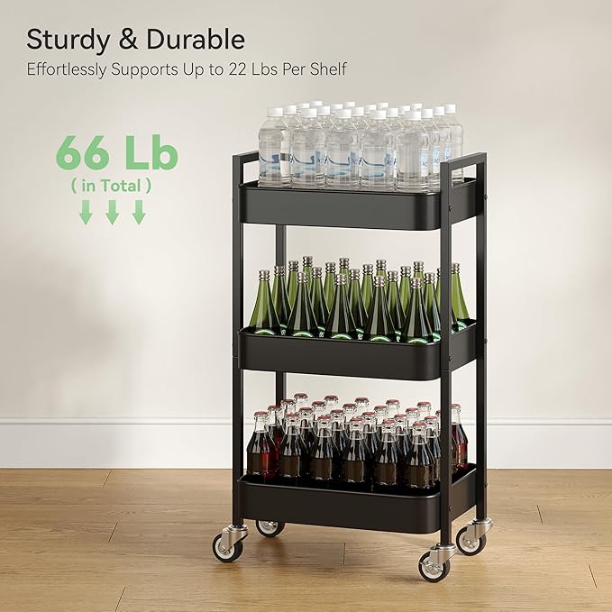 Nunsino 3 Tier Rolling Cart,Utility Cart with Locking Wheels, Hanging Cups & Hooks, Heavy Duty Metal Storage Organizer Cart for Kitchen,Office, Bathroom,Craft Room,Black