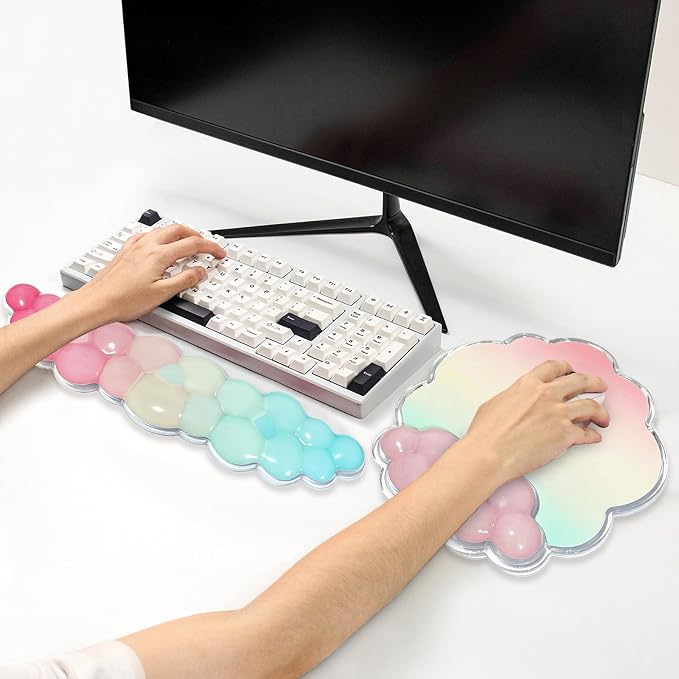 Sumgsn Gel Wrist Rest Set, Ergonomic Clear Cooling Wrist Rest Support Set with Non-Slip Base for Computer/Laptop/Gaming/Home/Office/Typing Pain Relief (Cloud Shape, Light Blue and Pink)