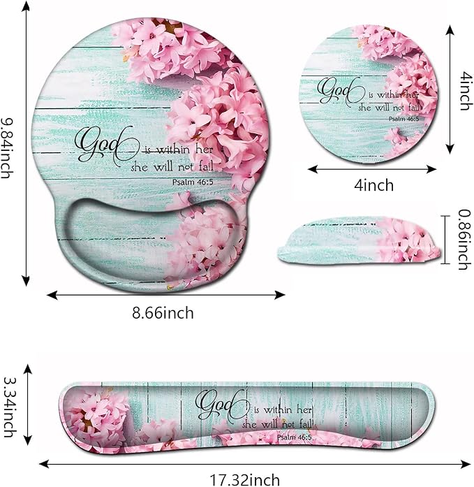 Mouse Pad with Wrist Support, Ergonomic Gel Mouse Pad Beautiful Flowers,Pink Hyacinths on Wood Panel，Non-Slip Durable, Memory Foam Keyboard Wrist Rest, Suitable for Office Typing Games