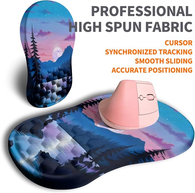 Ergonomic Joint Wrist Support Mouse Pad with Memory Foam Cushion Massage Bump, Carpal Tunnel Pain Relief Mousepad Slope Design for Wrist Rest, 11.8x7.9 in, Moon Down