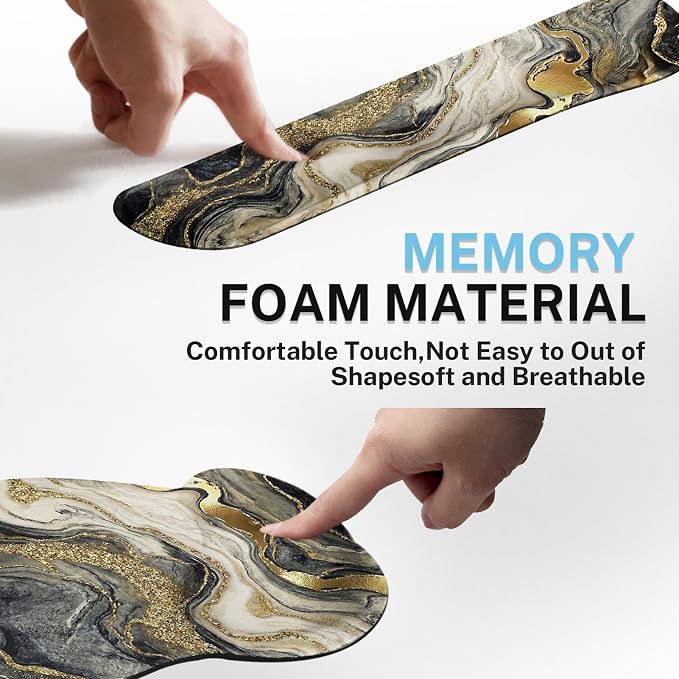 Ergonomic Mouse Pad Set with Wrist Rest, Black Gold Marble | Abstract Non-Slip Rubber Base Wrist Cushion Support and Coasters Mousepad with Wrist Support for Computer Keyboard