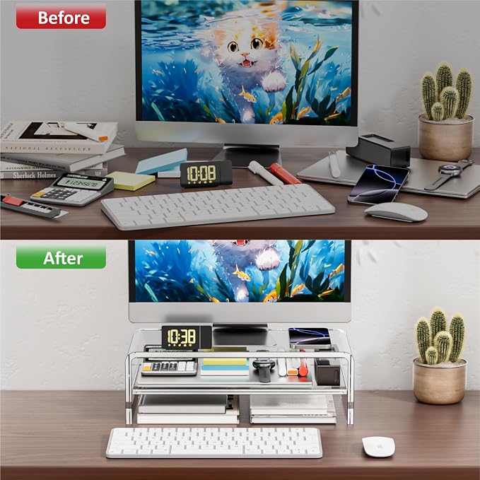 Egchi Acrylic Monitor Stand Riser, 2 Tier Clear Computer Monitor Stand for Home Office Business, PC Desk Stand Monitor Riser for Keyboard Storage, Laptop, Printer and TV Screen -12x7.2x5.12 inches | Desk Stand Monitor Riser, for Home Office Business, K...