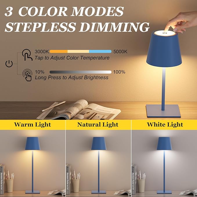 Kakanuo Cordless Rechargeable Table Lamp Navy 5000mAh Battery Operated Lamps, 3 Colors Stepless Dimming Touch Lamp for Living Room, Kitchen Counter, Dining, Outdoor Patio, 2 Pack