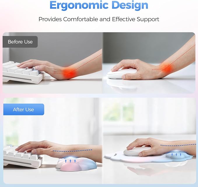 TECKNET Cloud Wrist Rest & Ergonomic Mouse Pad, Cloud Keyboard Wrist Rest with Non-Slip Base, PU Leather Memory Foam Wrist Pad for Keyboard and Mouse, Pain Relief for Typing, Gaming, Rainbow