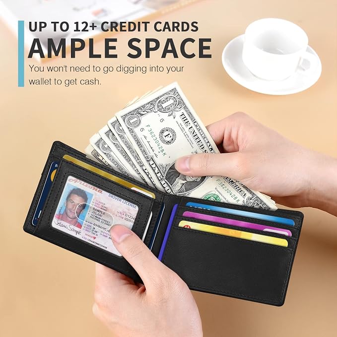 RUNBOX Wallet for Men, Slim Leather Bifold, RFID Blocking Card Holder | Minimalist Front Pocket Design, Credit Card Organizer, Holds 11 Cards, Large Capacity, Thin Profile, Birthday Gifts for Men