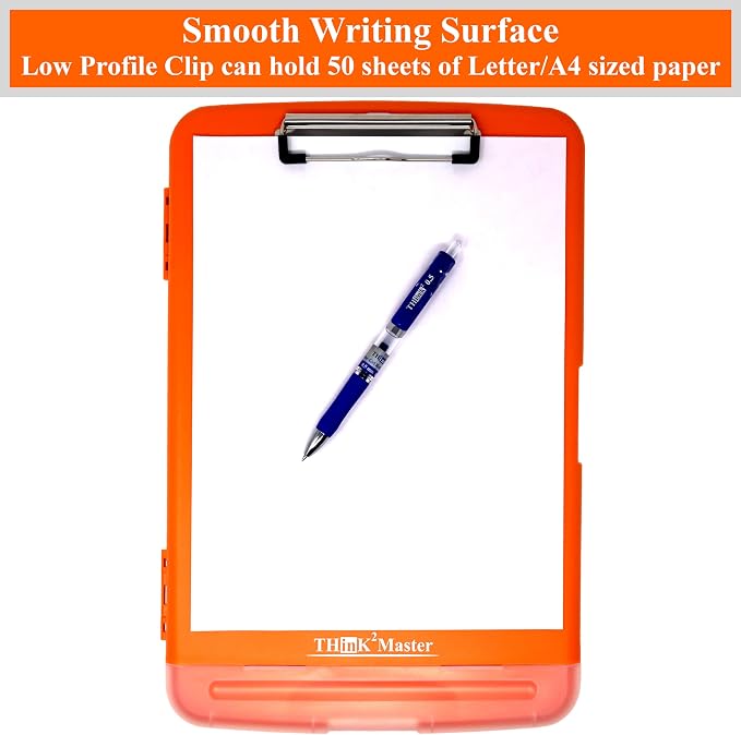 Think2Master Orange Plastic Storage Clipboard with Pencil Holder. | 25% Heavier & 25% Sturdier| Heavy Duty. Must Have for Nurses, Teachers & Classrooms.