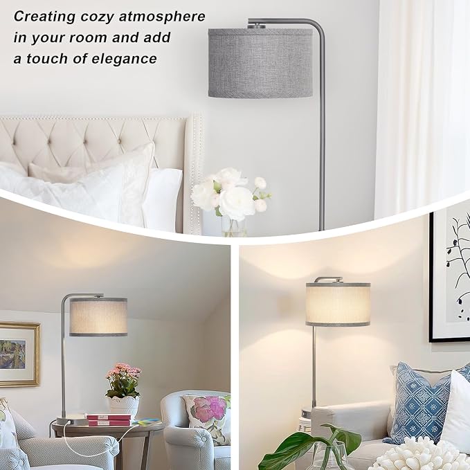Gray Bedside Lamp with USB C+A Ports, Fully Dimmable Modern Nightstand Lamp | 25" Tall Side Table Lamp with Grey Fabric Shade, Reading Desk Lamp for Bedroom Living Room Office, 3000K LED Bulb Included