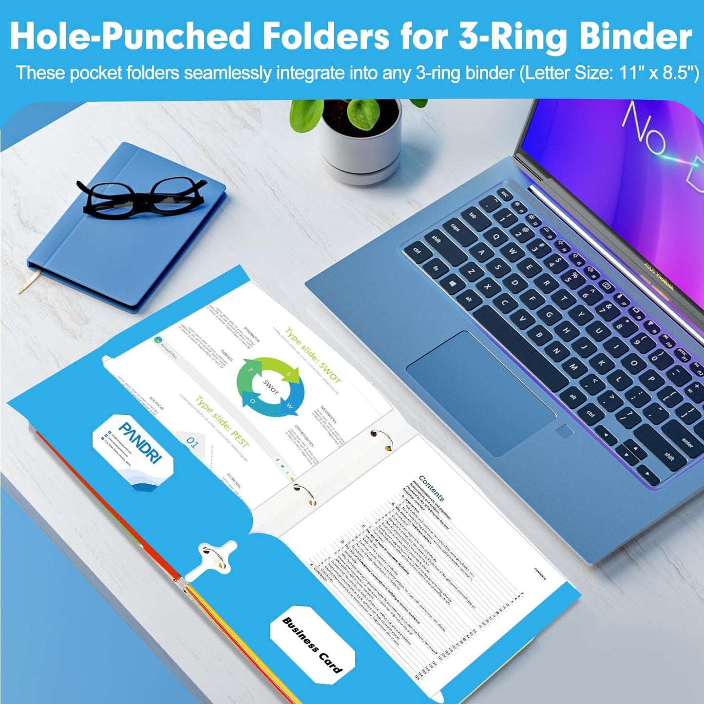 Two Pocket Portfolio Folders, PANDRI 60 Pack 3 Hole Punched 2 Pocket Folders for 3 Ring Binder, Letter Size Paper File Folder for School Office Home Business, Lightblue