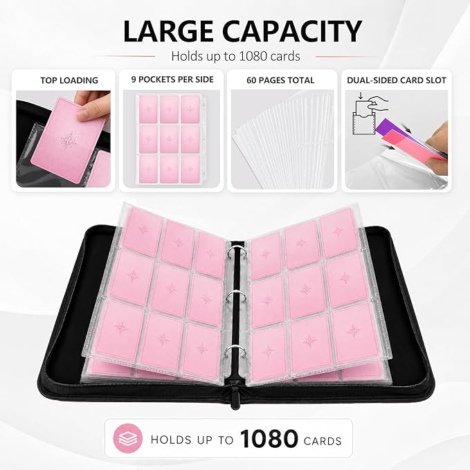 9 Pocket Trading Card Zip Binder - Holds 1080 Cards, 60 Pages Large-Capacity,Double-Sided Removable Sleeves, Suitable for Game Cards/Sports Cards Storage,Pink