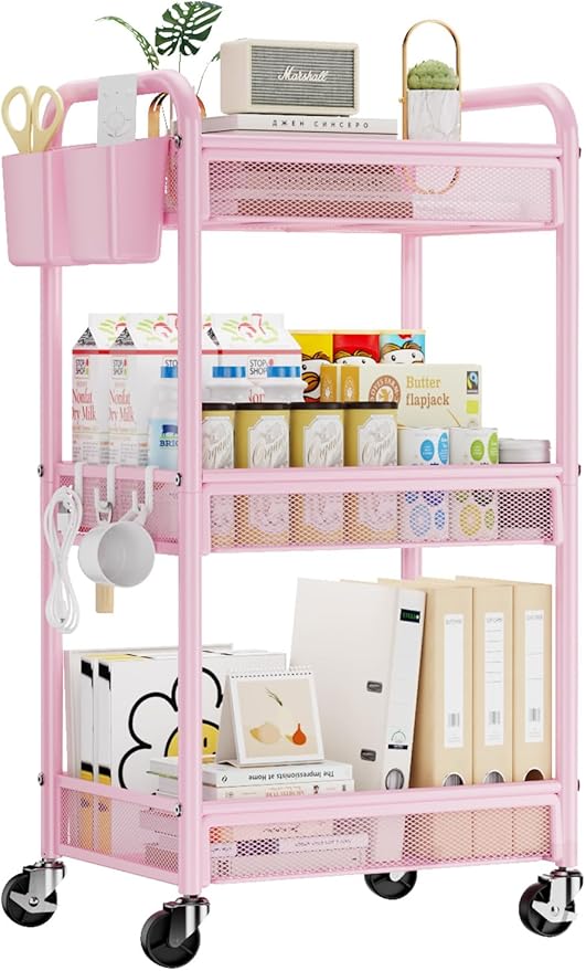 3 Tier Metal Rolling Cart, Pink Utility Storage Cart with Wheels | Metal Mesh Craft Cart With Hooks & Hanging Cups, Ideal For Kitchen, Bathroom, Office, Dorm, Art Workspace, Bedside Storage