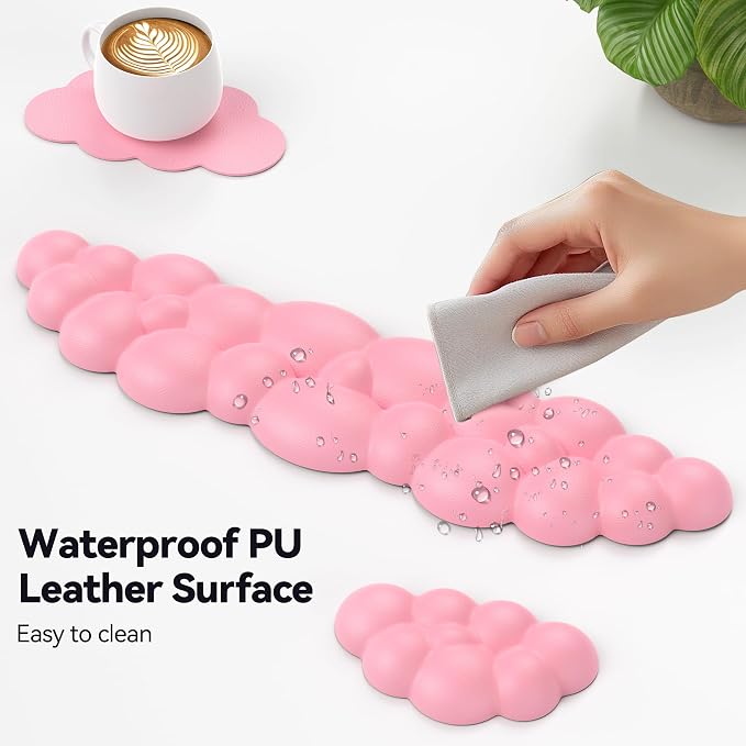 TECKNET Cloud Keyboard Wrist Rest Set, Cloud Wrist Rest with Non-Slip Base, PU Leather Wrist Pad for Keyboard with Ergonomic Memory Foam for Computer Laptop Office Gaming and Pain Relief, Dark Pink