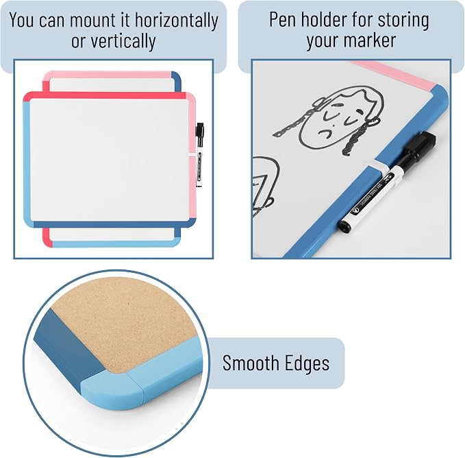 Mr. Pen- Dry Erase Board, 14” x 11” with a Black Dry Erase Marker | Pink Tide Frame, Small Mini White Board for Students, Fridge, Wall, Locker, Includes Double Sided Tapes