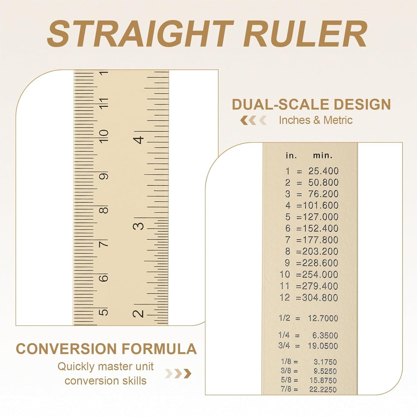 HARFINGTON 2pcs Metal Straight Ruler 15cm Metric SAE Aluminum Alloy Measuring Rulers Scale Tool with Hole for Measure Study Reading Classroom Office, Beige