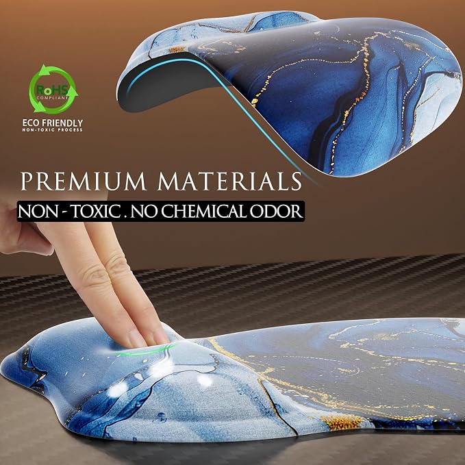 MROCO Ergonomic Mouse Pad with Gel Wrist Rest, 9.4 x 8.1 in, Blue Marble | Ergonomic Shape Design, Multiple Pattern Options, Gel Wrist Comfort, Smooth Lycra Surface, Non-Slip PU Base