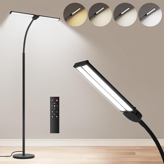 LED Floor Lamp for Living Room,Bright Reading Lamps for Office | 5 Adjustable Colors Temperatures&Brightness, Dual Head Goose-Neck Standing Lamp, Remote Control, Eye Caring Tall Lamp, Black