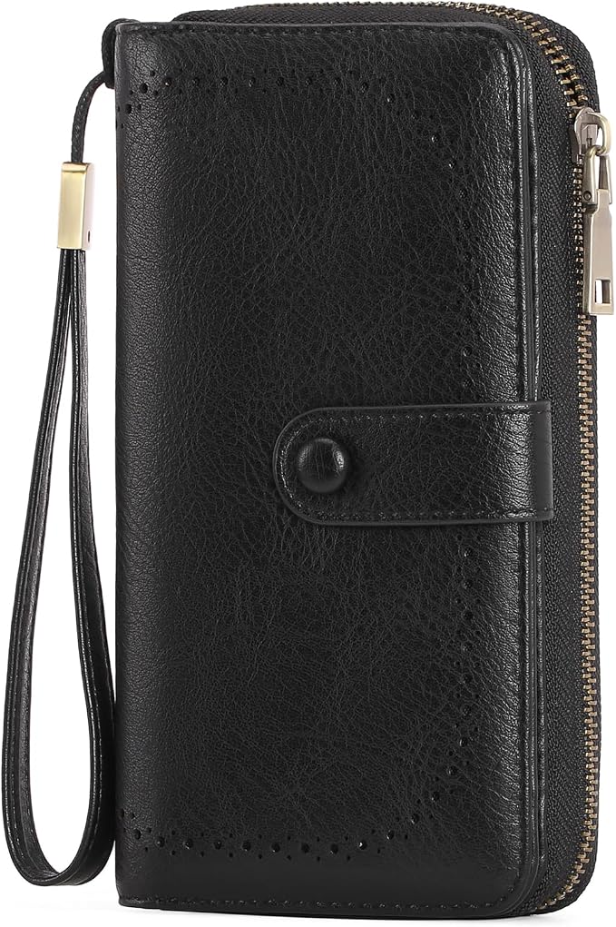 GAEKEAO Leather Credit Card Holder Wallet for Women RFID Blocking Large Capacity Bifold Zipper Card Case Organizer with Wristlet 45 Slots