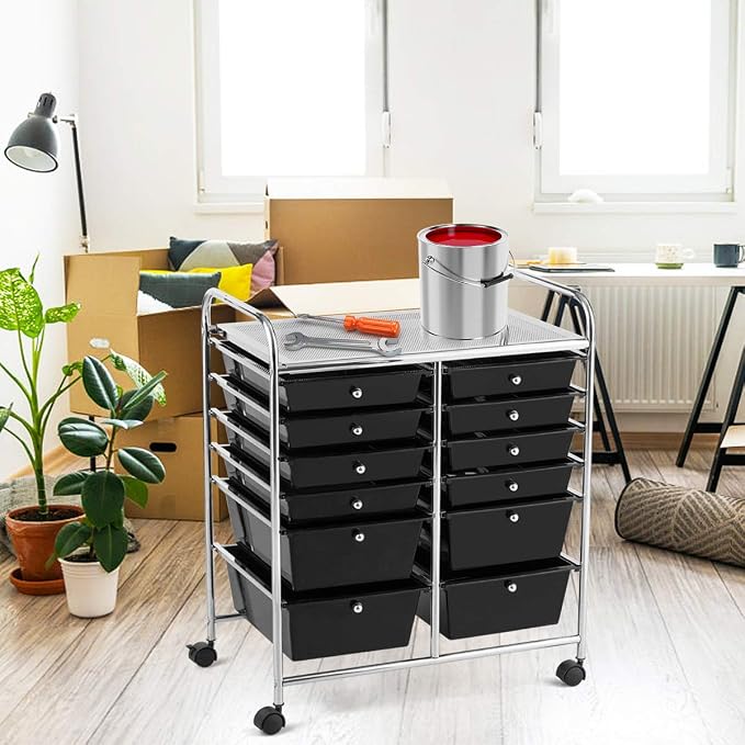 12 Drawer Rolling Storage Cart, Craft Cart Organizer on Wheels w/Metal Frame, Large Capacity & Smooth Drawer, Rolling Cart w/Drawers for Classroom, Office
