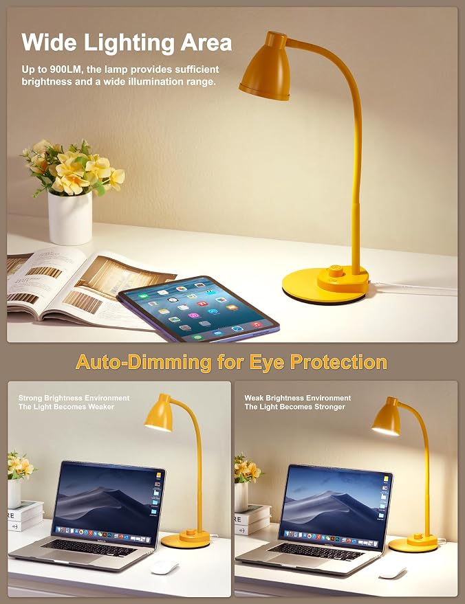 BOHON LED Desk Lamp with USB Charging Port 3 Color Modes Fully Dim, Yellow | Reading Lamp, Auto Dimming Task Lamp, Flexible Neck Table Light for Home Office Dorm Bedside, Bright Yellow