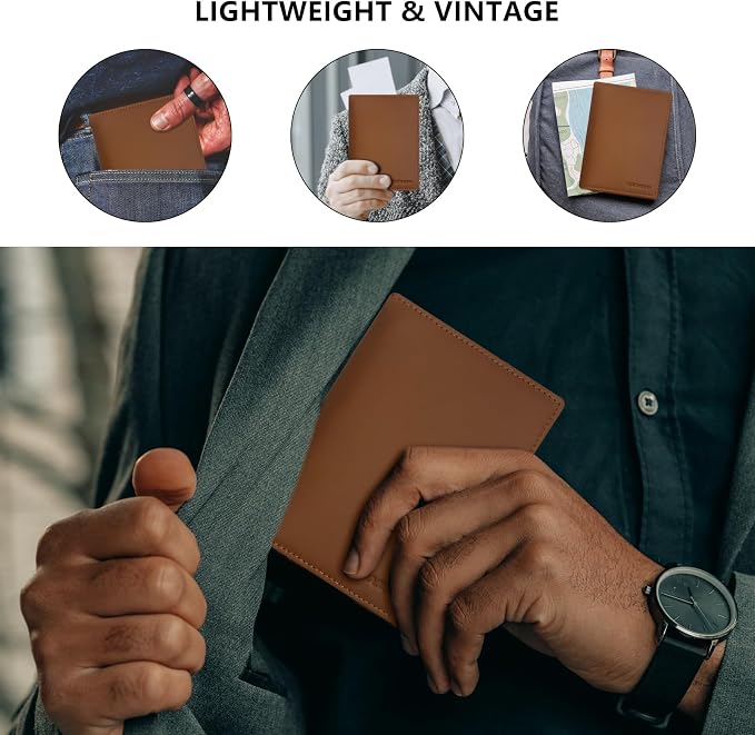 BAPHITY Unisex Leather RFID Blocking Vacation Passport Organizer, Red Brown | Top-Grain Leather, RFID Blocking, Multi Slots (3+2 SD), Slim, Unisex Multi-Function Holder, Travel Sleeve