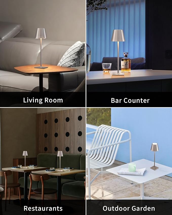 KDG 2 Pack Cordless Brushed Nickel Table Lamps, Portable LED Desk Lamp | 4000mAh Battery Operated 3 Color Stepless Dimming Up for Restaurant, Bedroom, Outdoor Party, Camping, Coffee Shop, Nightlight