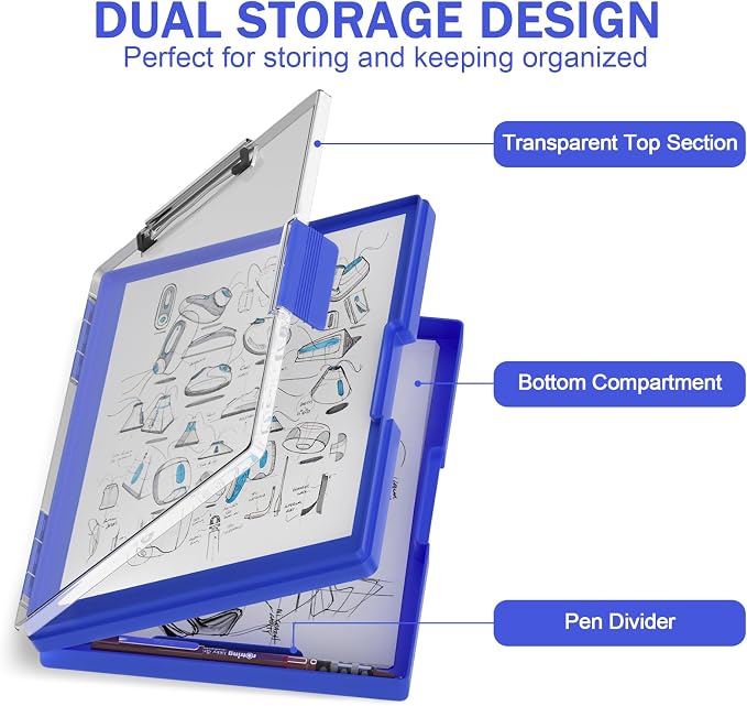 Rimilak Clipboard with Storage,8.5x11 2 Compartment Clip Board, Dark Blue | Smooth Writing, Side-Opening Plastic Folder with Pen Holder, Size 13.3 x 9.4 x 1.5″,for Classroom, Teacher, Student