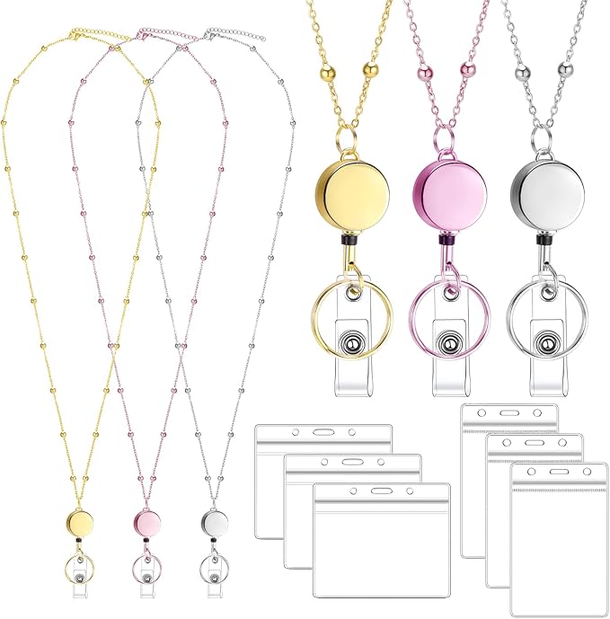 Lanyards for Id Badges 3 Pack Badge Lanyard with 6 Pcs Id Badge Holder Retractable Stainless Steel Teacher Lanyard Cruise Ship Lanyards for Girl Women (Gold, Silver, Pink)