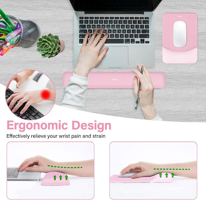 MOSISO Wrist Rest Support Mouse Pad & Keyboard Set, Pink | Rectangular Ergonomic Mousepad, Non-Slip Base, Home/Office Pain Relief & Easy Typing, Neoprene Cloth & Raised Silicone Lining