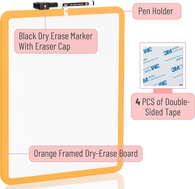 Mr. Pen- Dry Erase Board, 14” x 11” with a Black Dry Erase Marker | Orange Frame, Small Mini White Board for Students, Fridge, Wall, Locker, Includes Double Sided Tapes
