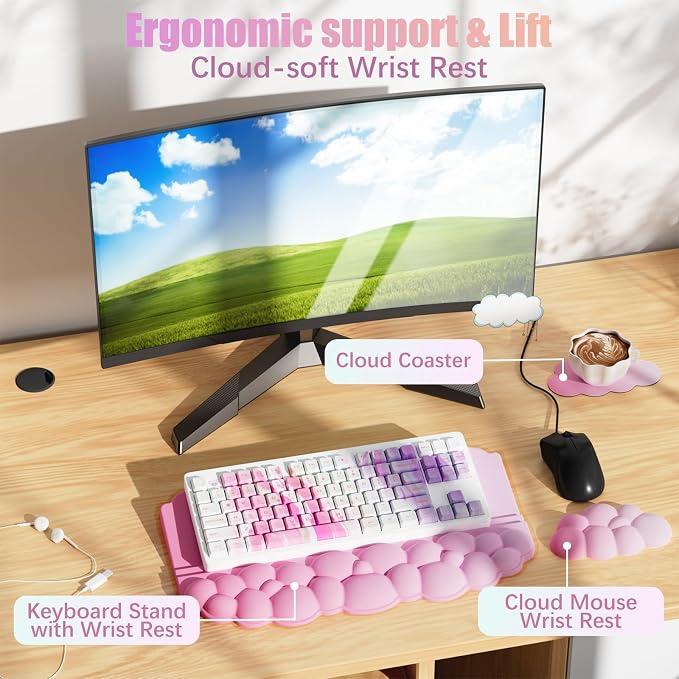 Wrist Rest with Keyboard Stand, Ergonomic Computer Wrist Support Pad | Cloud Keyboard Riser Holder with Wrist Pad, Memory Foam Desk Cushion, Palm Hand Typing for Office Home School-Pink