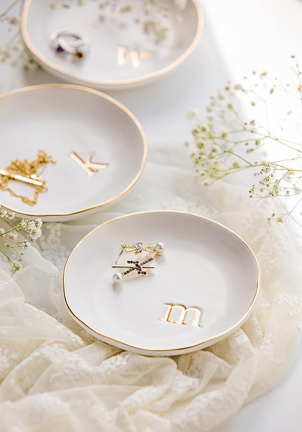COLLECTIVE HOME Ceramic Jewelry Tray, Trinket Dish, Gifts for Women (O) | Mother's Day, Birthday, Christmas, Engagement Gifts, Vanity, Nightstand Decor, Embossed Gold Monogram Ring Dish with Gift Box